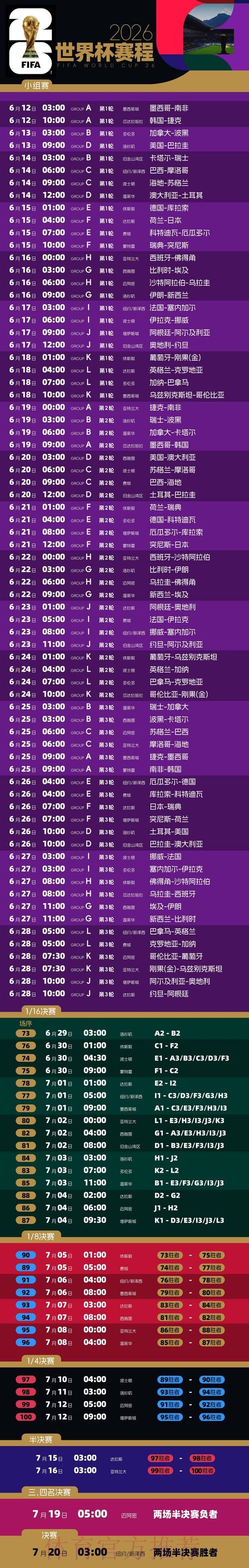 2026世界杯比赛时间详细安排最新时间表实时查看